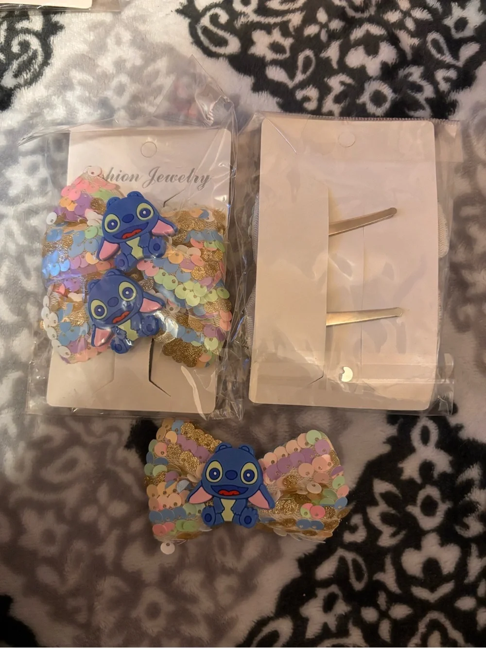 6 Sequin Bow Hair Clip with Blue Cartoon Accent - Kids Accessories